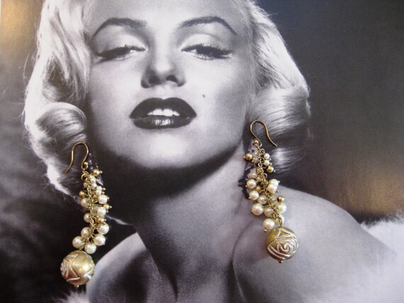 Dangle Earrings, Faux Pearls, Gold Tone Metal Bea… - image 5