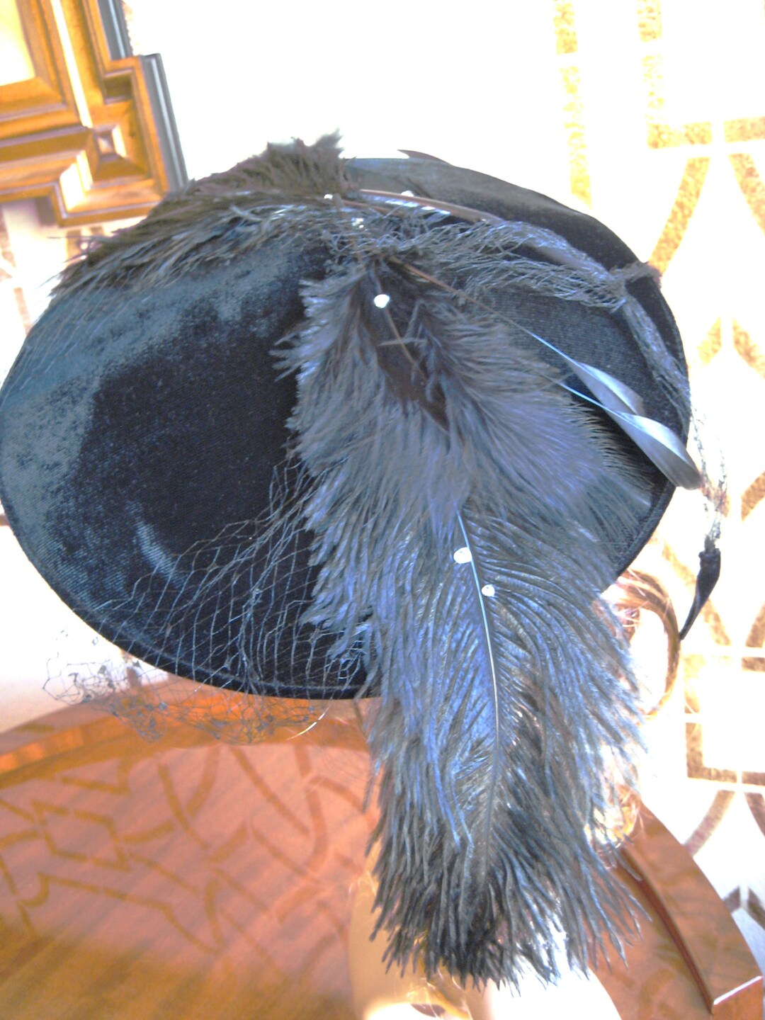 Vintage Black Velvet Saucer Hat, Valerie Modes, Feather Rhinestone