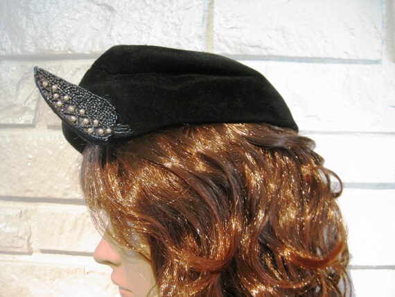 Asymmetrical Hat, Black Wool Velour, Hat with Bea… - image 8