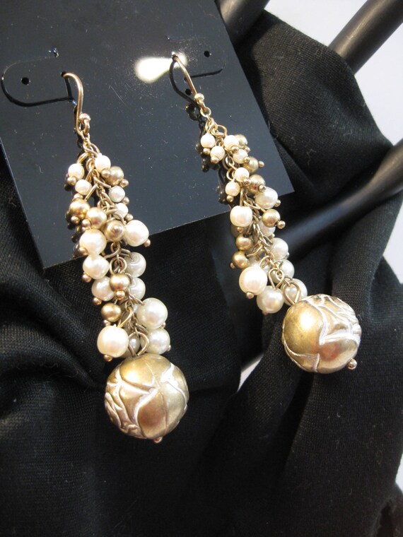 Dangle Earrings, Faux Pearls, Gold Tone Metal Bea… - image 10