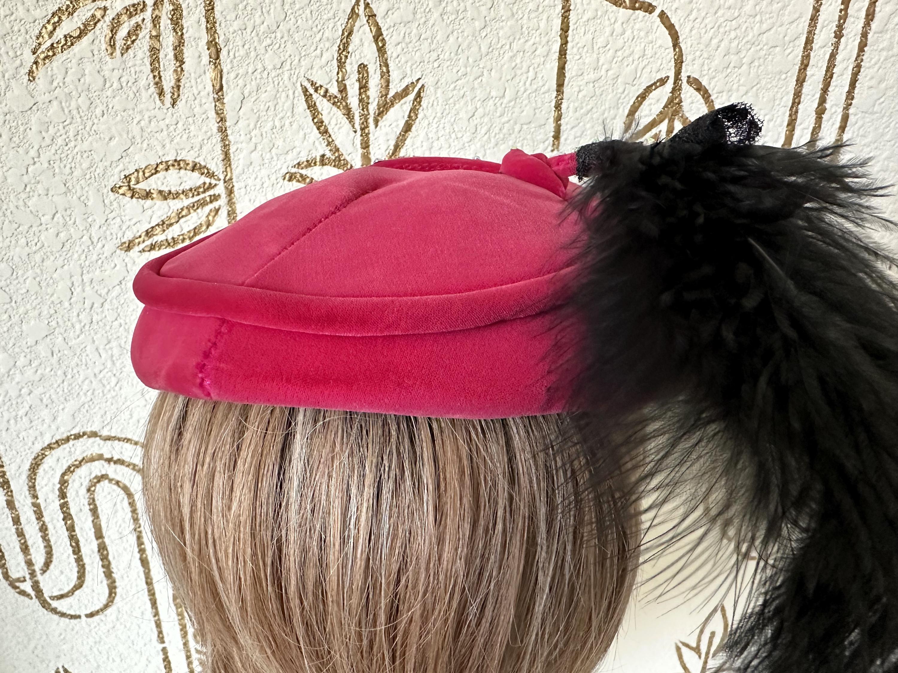 Vintage Hat, Fuchsia Pink Velvet, Feather and Rhinestone 