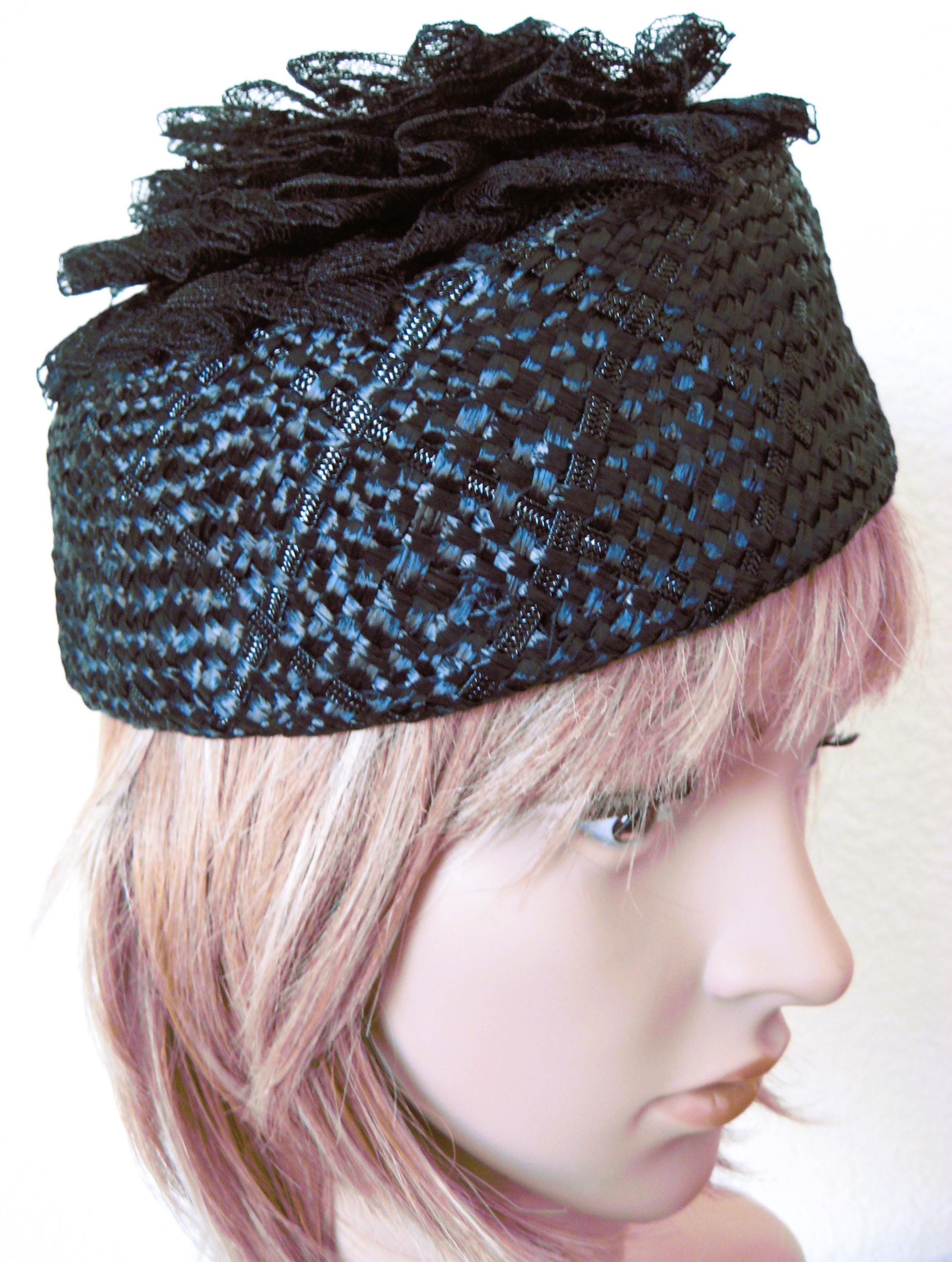 Pillbox Hat, Black Straw W/lace Embellished, Vintage Mid 