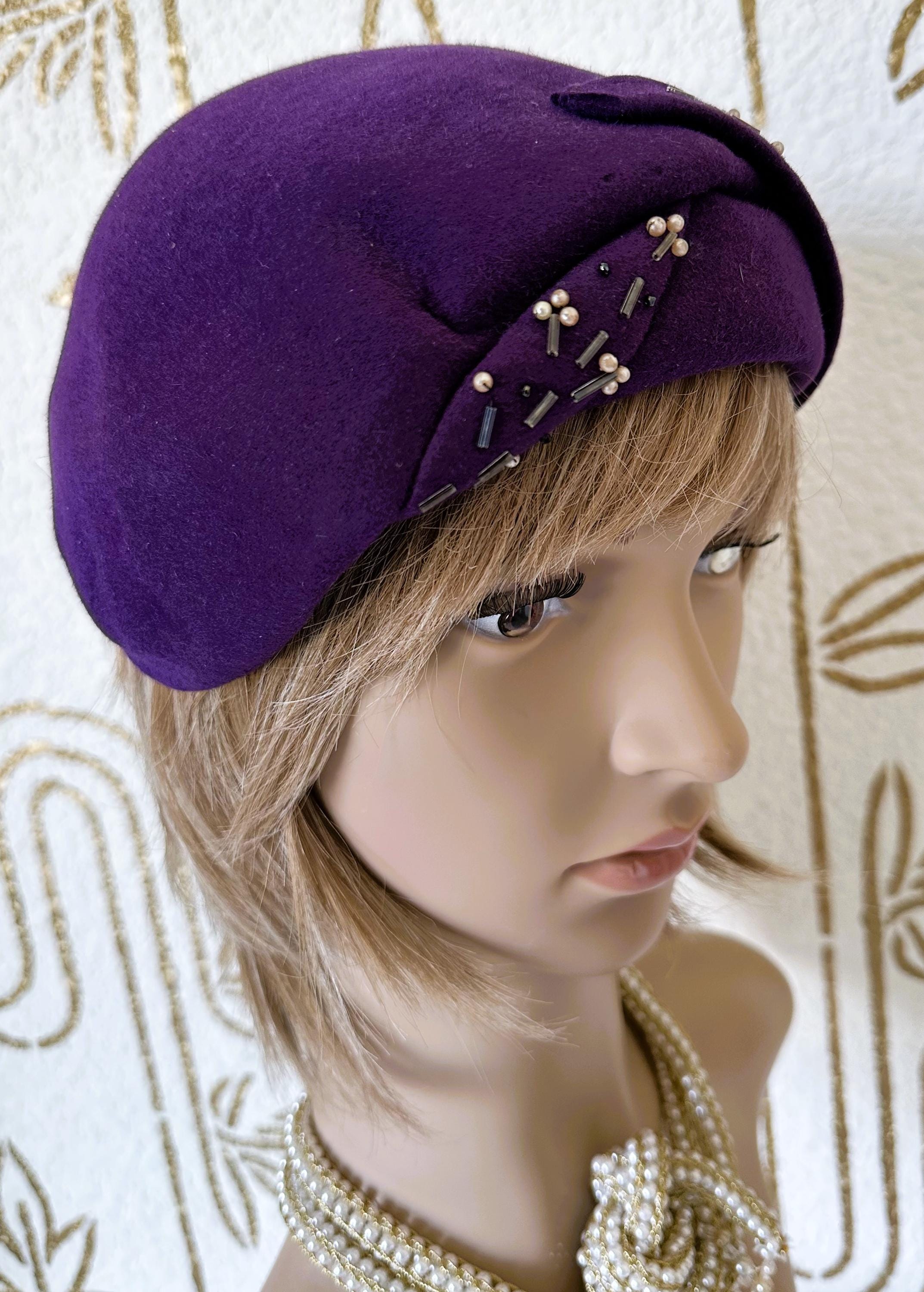 Purple Felt Hat, AUSTELLE Fashion, Beaded Trim, Vintage  display picture 2