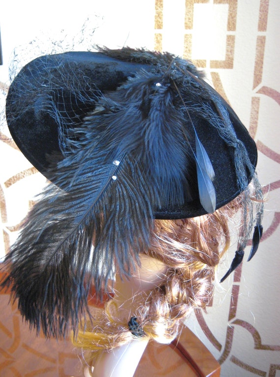 Gorgeous  ? Vintage Hat 1950s Velour/Beaded/Feathers/Rheinstone Embelishments. Two new vintage velvet strawberry pin cushions are new in  main image 4