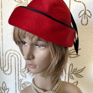 NWT Mr. John Classic Red Wool Felt Wide Brim Hat Rhinestone Feather Derby Church Church Red Vintage Hats for Women for sale | eBay main image 2