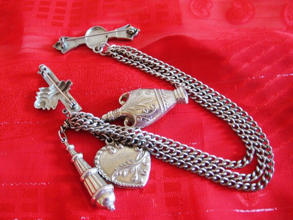 CHATELAINE 3 CHAIN, Three Charms, Two Brooch Pins… - image 8