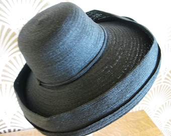 HATTIE CARNEGIE Original, Haute Couture Designer, Signed, Portrait Hat, Very Wide Brim, 1940s, Black Satiny Straw, Unique and Stunning!