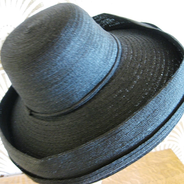 HATTIE CARNEGIE Original, Haute Couture Designer, Signed, Portrait Hat, Very Wide Brim, 1940s, Black Satiny Straw, Unique and Stunning!