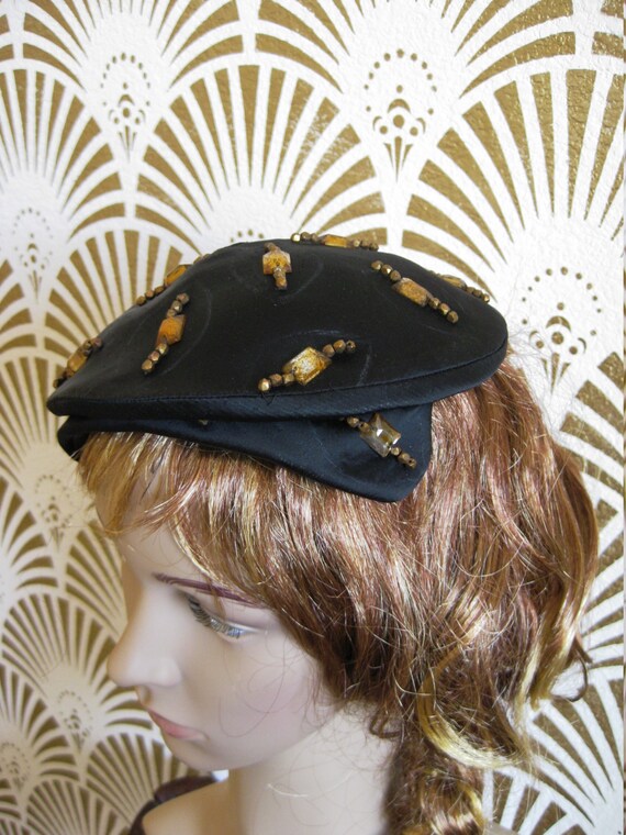 EUGENIE MODES Black Satin Cocktail Hat, with Ambe… - image 3