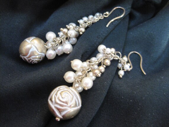 Dangle Earrings, Faux Pearls, Gold Tone Metal Bea… - image 7