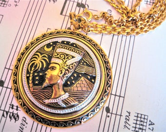 Hangerketting, Egyptische heroplevingsstijl, gouden faraomedaillon, 19 inch ketting, vintage