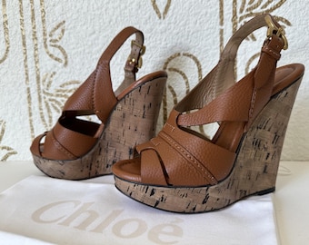 CHLOE Couture Leather Platform Sandals, Brown Open Toe Heels, Size 39.5, Made in Italy