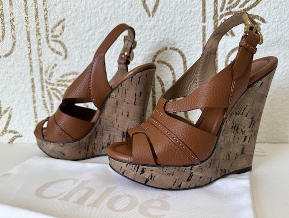 Chloé, CHLOE Couture Leather Platform Sandals, Brown Open Toe Heels, Size 39.5, Made in Italy