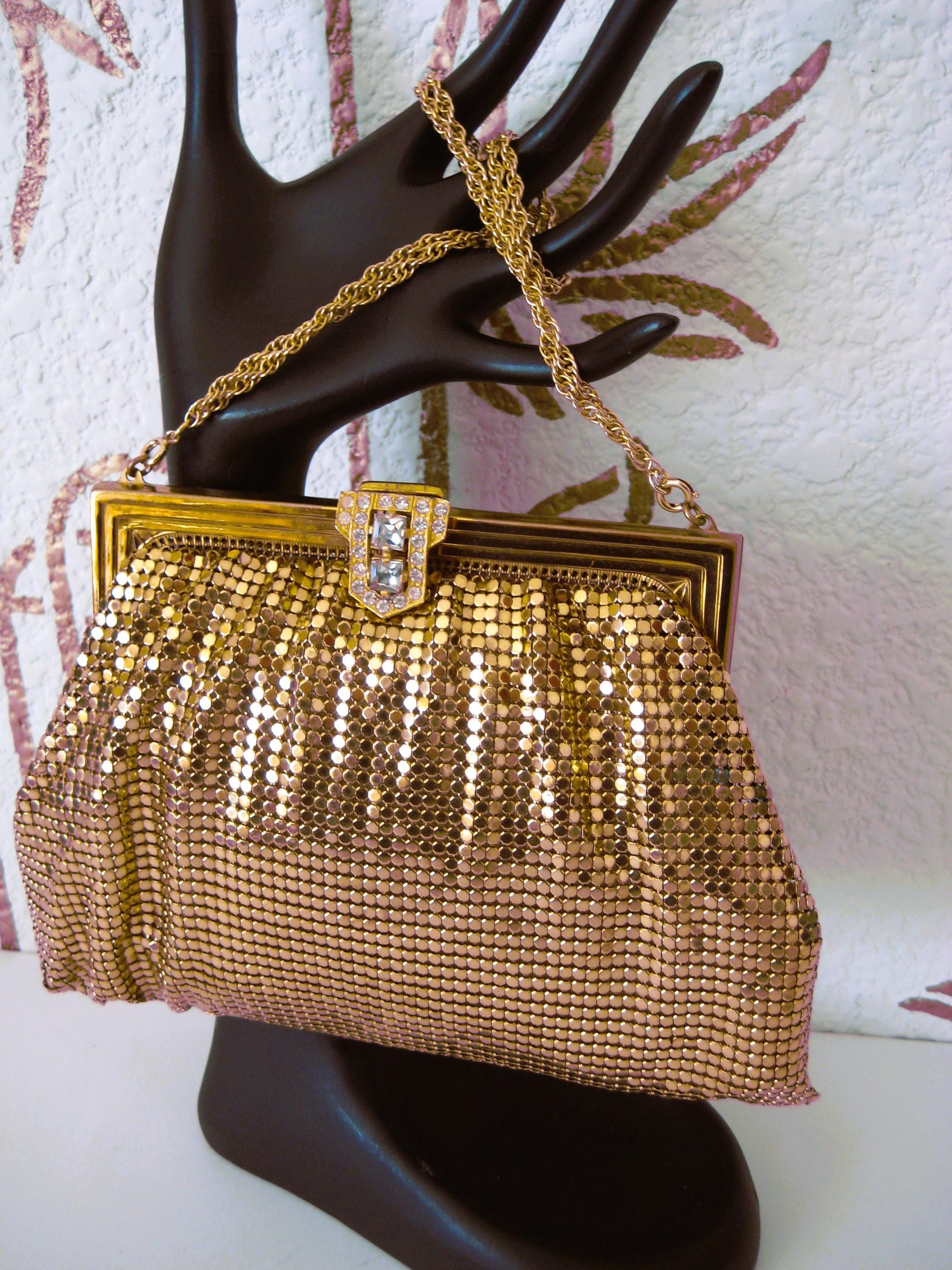 Gold Mesh Purse, Designer Whiting & Davis, Rhinestone Clasp