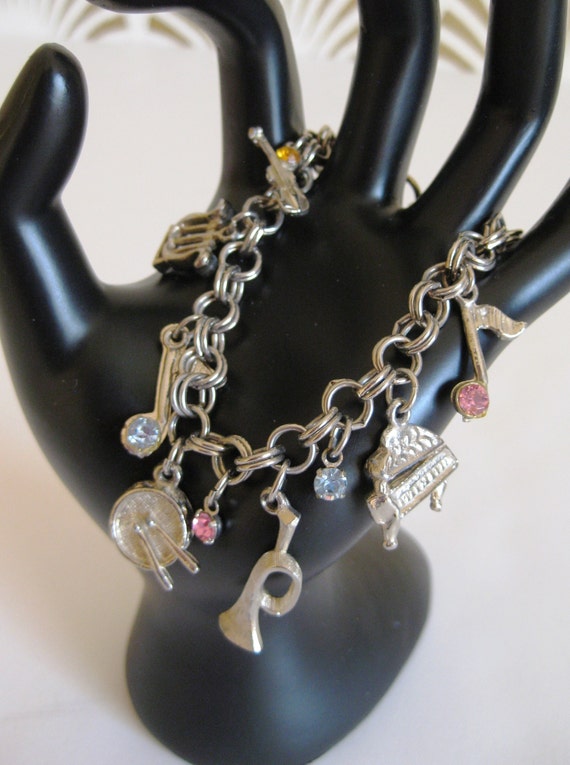 Vintage Charm Bracelet, 10 Charms, Musical Theme, 