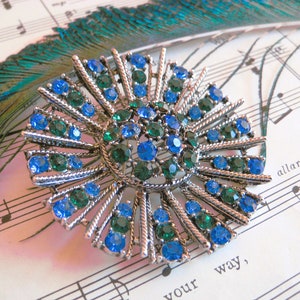 Vintage Statement Brooch, Sparkling Faceted Blue and Green Rhinestones, Open Metalwork Silver Tone Metal, Vintage,  Estate Find, Glittering