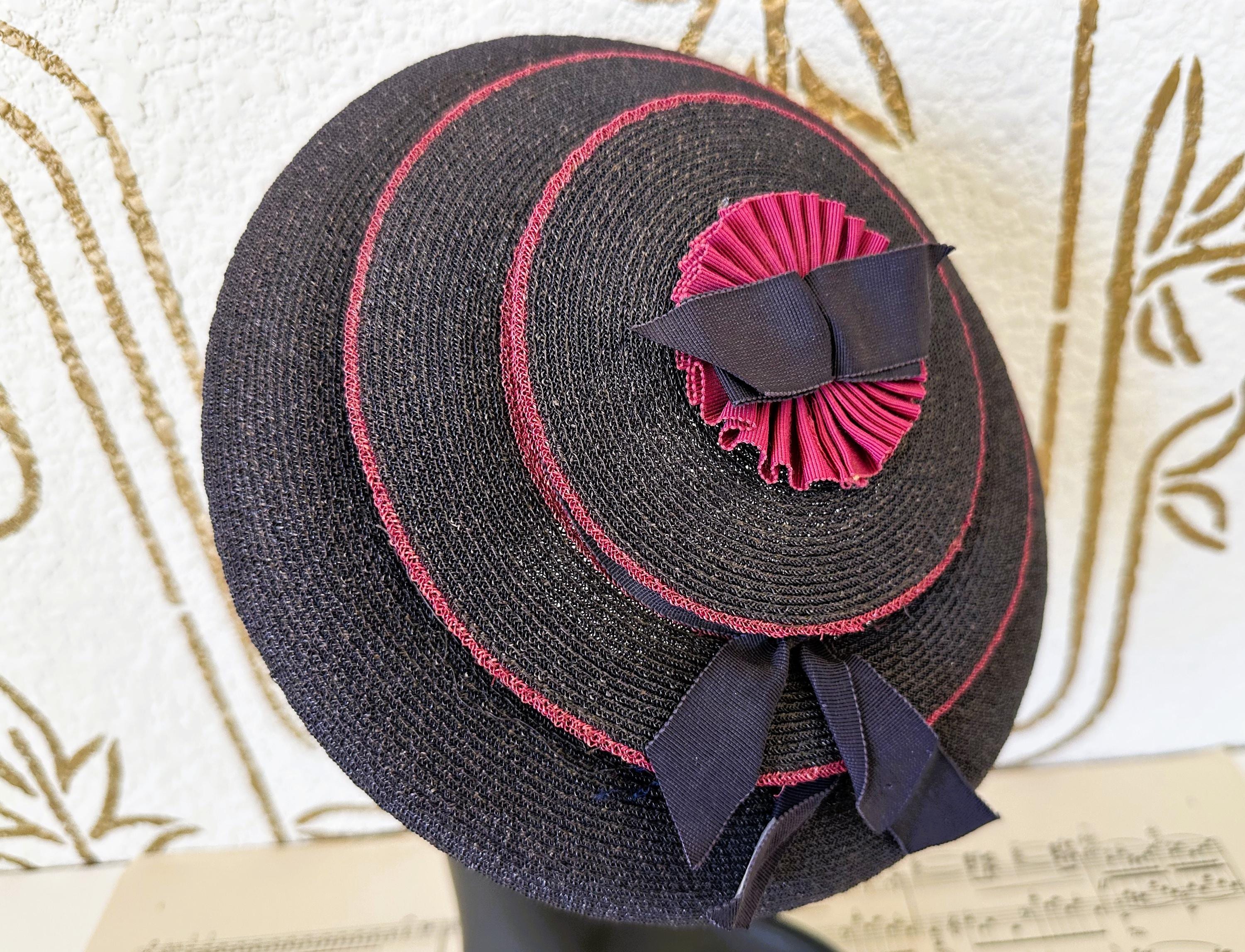 Vintage navy straw weave hat with bows and rhinestones 1940s, 17 main image 3