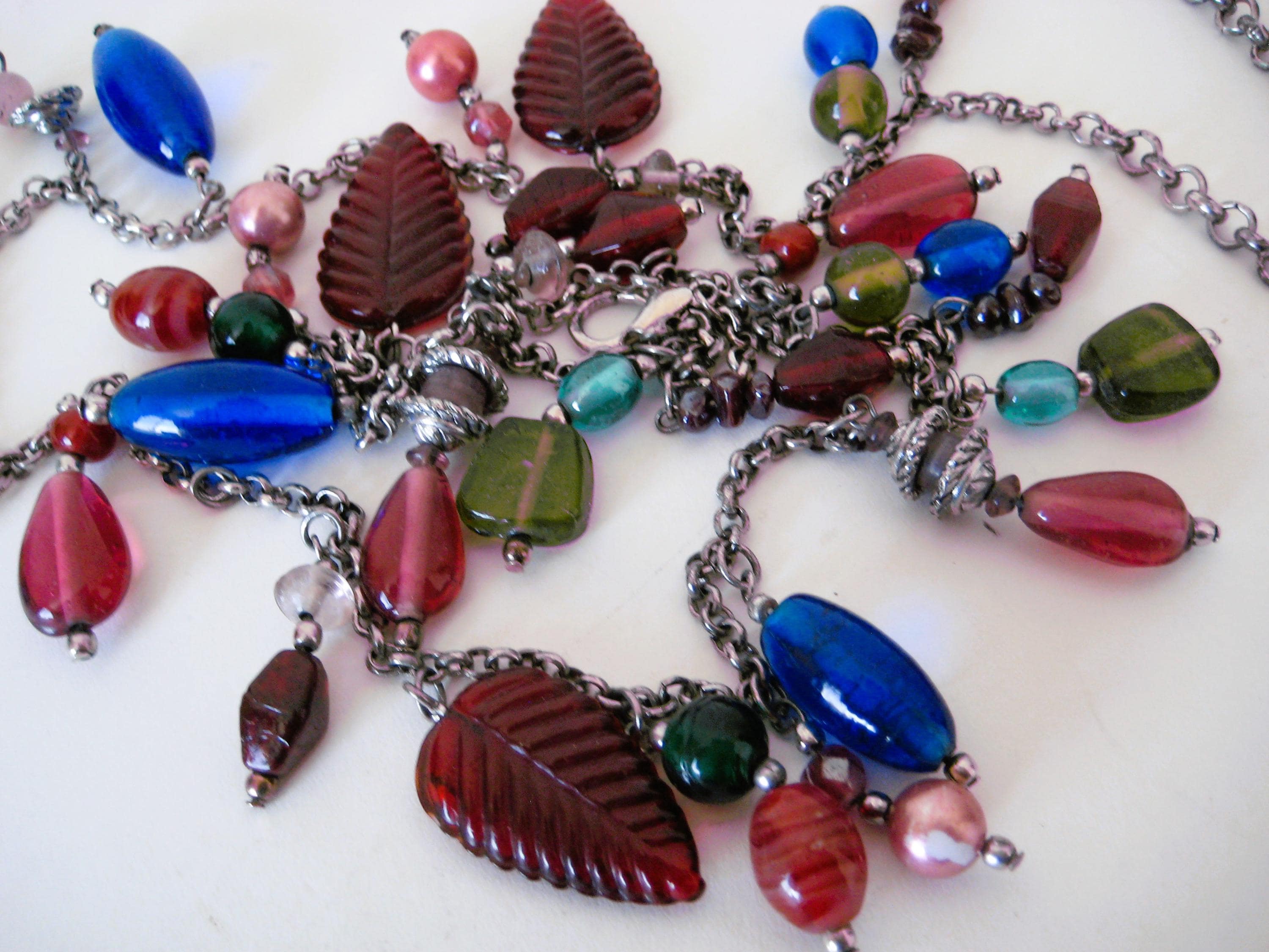 Vintage Art Glass Beaded Chain Belt, Silver Metal, 1990s  display picture 2