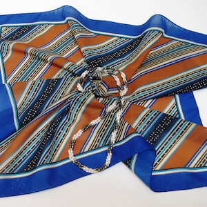 Vintage Square Scarf, 26 x 26 Inches, Blue, Orange, White, Diagonally Striped, Made in Italy, Machine Stitched, Chic and Sophisticated!