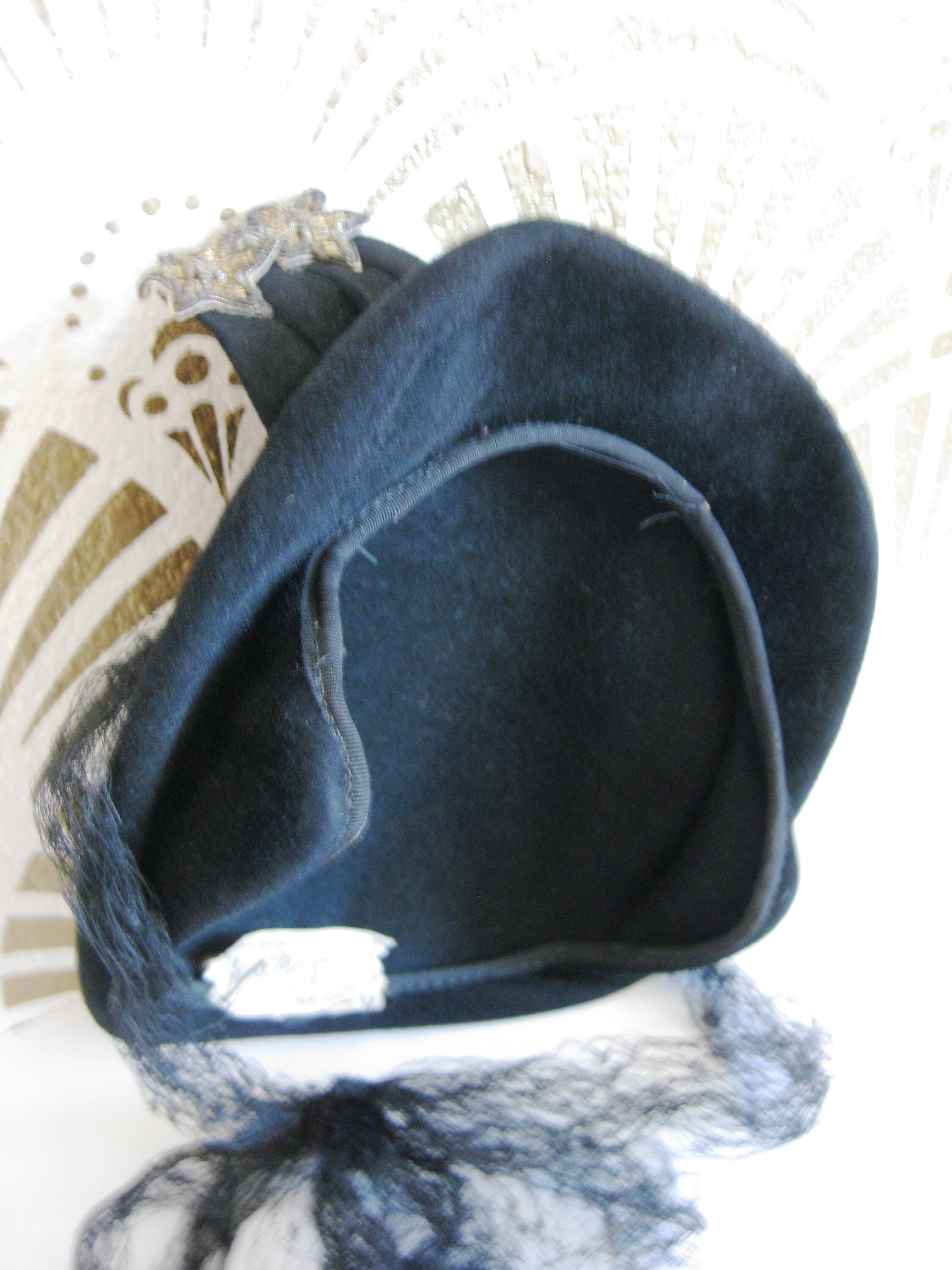 Velvet Hat, Designer Jane Morgan, Embroidered Trim, Black  display picture 3