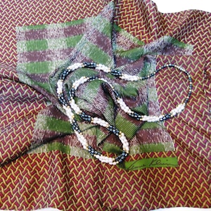ANNE KLEIN Silk Scarf, Geometric Pattern, Boho Chic, Lion Head Logo, Hand Rolled Edges, 21 x 21 inches