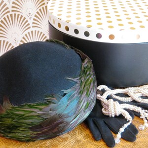 Hat, Feathered Pillbox, Black Wool Felt, MYSHA B. Michael  display picture 1