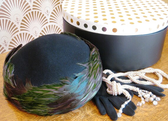 Vtg Peacock Feather Pheasant Hat B. Michael Mysha Brown Felt 21\' Derby Racetrack Hat, Feathered Pillbox, Black Wool Felt, MYSHA B. Mic… - Gem main image 3