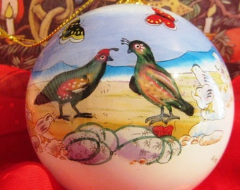 Glass Christmas Ornament, Quail Family, 3 inch round