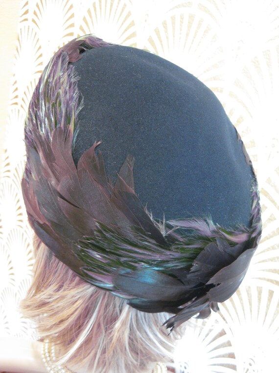 Vtg Peacock Feather Pheasant Hat B. Michael Mysha Brown Felt 21\' Derby Racetrack Hat, Feathered Pillbox, Black Wool Felt, MYSHA B. Mic… - Gem main image 4