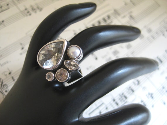 Vintage Pear Jewel Cocktail Ring, Pearl Rhineston… - image 1