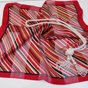 Vintage Scarf, 20 x 20 Inches, Square Scarf, Diagonal Striped Design, Red, White, Gold, Black, Chic and Stylish!