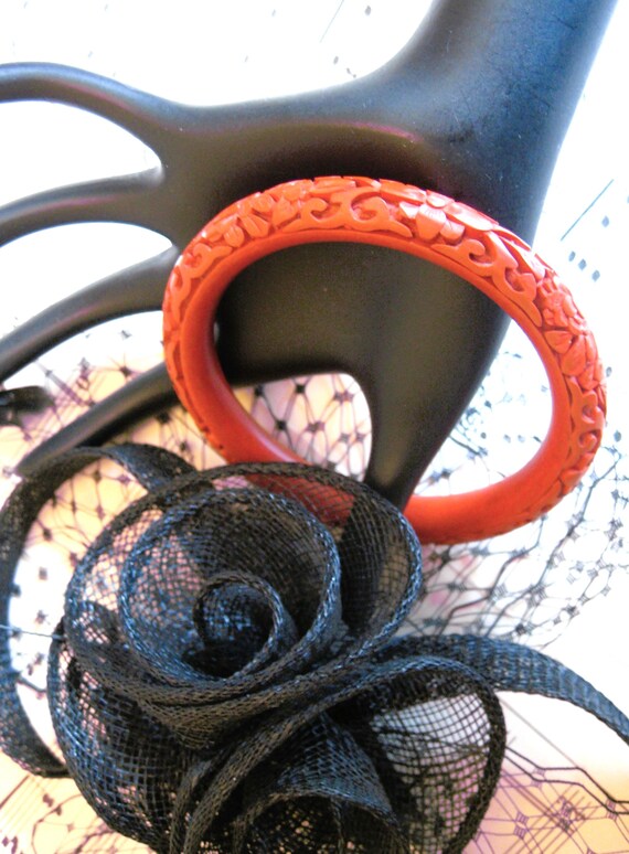Vintage Ruby Red Carved Bangle Bracelet, Floral P… - image 3