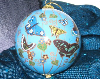 Glass Christmas Ornament, Butterflies, 3 inch round