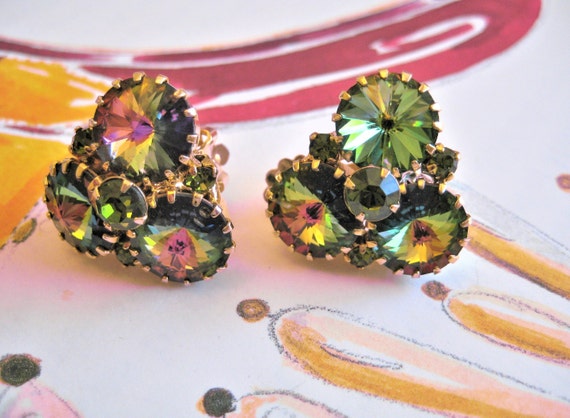 Vintage Watermelon Clip-on Earrings, Rivoli Glass… - image 1