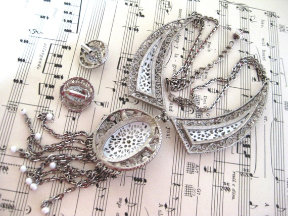 Dangle Bib Necklace, Clip Earrings, White Enamel … - image 3