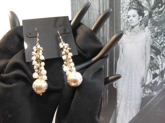 Dangle Earrings, Faux Pearls, Gold Tone Metal Bea… - image 6