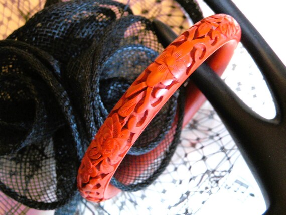 Vintage Ruby Red Carved Bangle Bracelet, Floral P… - image 9