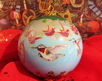 Glass Christmas Ornament, Hummingbirds, 3 inch round