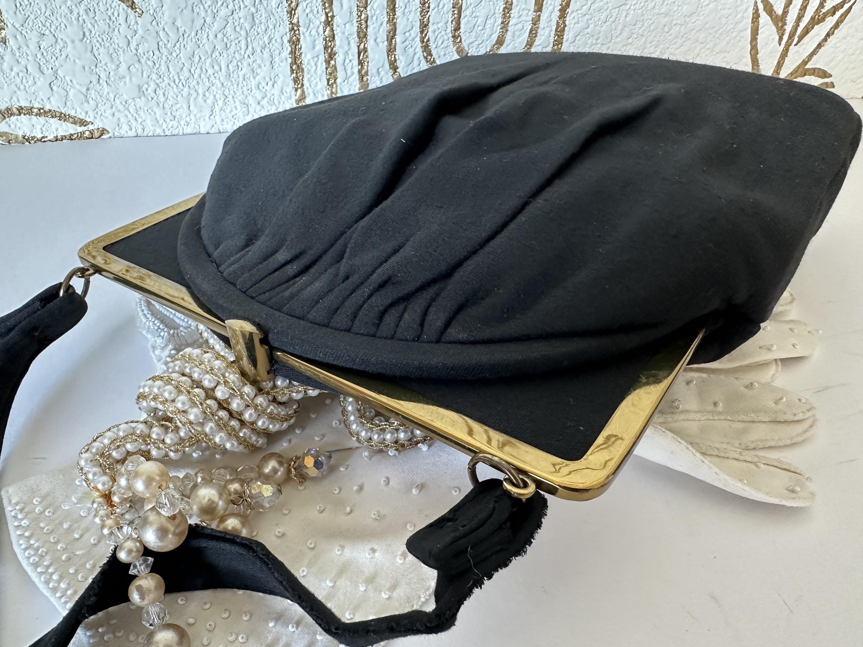 Vt. Zwarte handtas, IN STYLE G.D.K., gestructureerd handvat, goudkleurig frame en sluiting, art-deco-styling, landgoedvondst, vintage cadeau voor haar