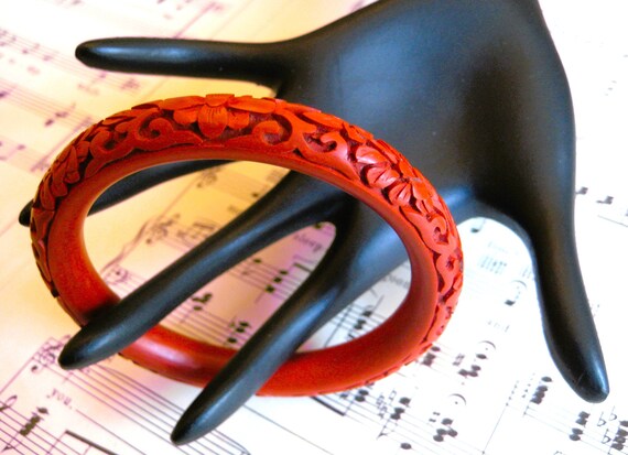 Vintage Ruby Red Carved Bangle Bracelet, Floral P… - image 10