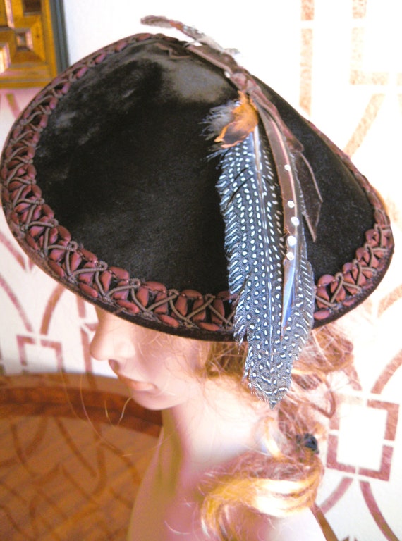 Vintage Hat, Brown Velvet Saucer Style, Adorned w… - image 7