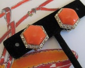 Vintage Button Dome Earrings, Coral, Clear Rhinestones, Clip-on Earrings, Silver Tone Metal, Mid-Century, Chic and Stylish