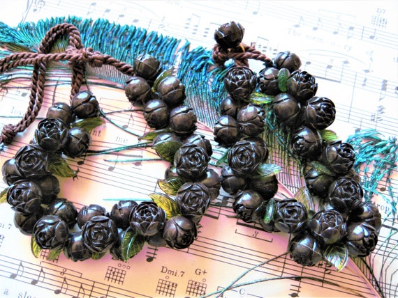 Roses Necklace/ Bracelet Set, Ebony Brown Carved … - image 4