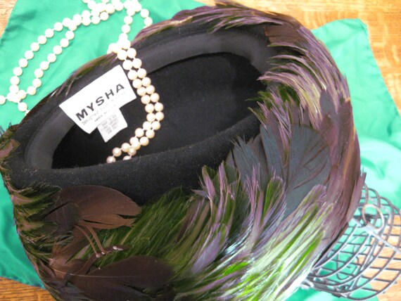 Hat, Feathered Pillbox, Black Wool Felt, MYSHA B. Mic… - Gem