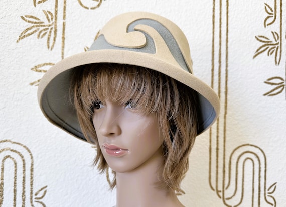 Vintage B Michael Brown Wool Felt Hat Statement Wide Lifted Brim Stitching B Michael Vintage Wool Felt Hat, Ivory White Swirl, 1… - Gem main image 2