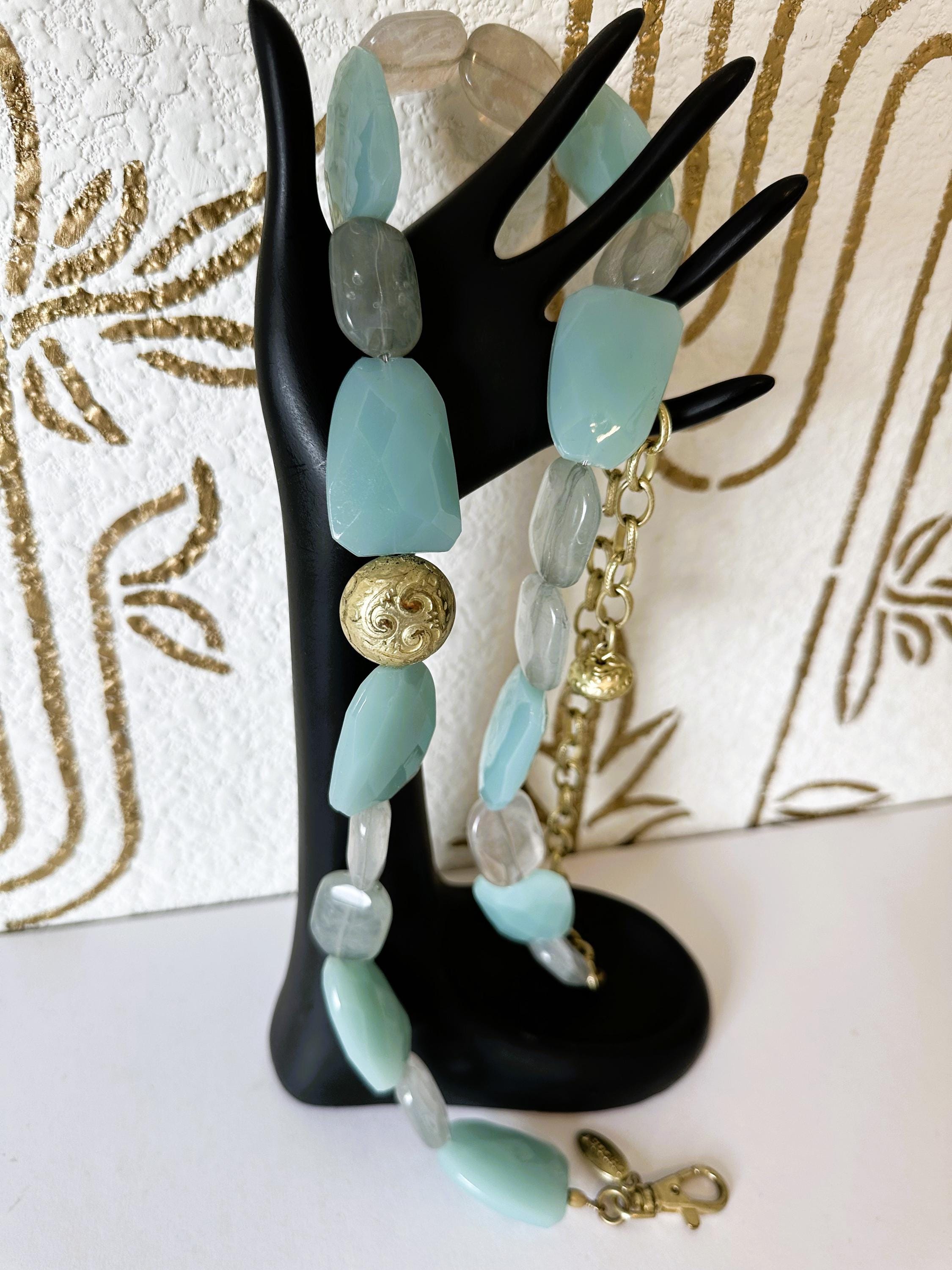 Belt, Turquoise Art Glass Beaded, Gold Chain, Signed Chico