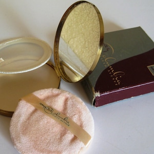 COLUMBIA Fifth Avenue, Round Compact Makeup Mirror, Embossed Design, Gold, Shiny, Textured Metal, 1940s, Unused, Original Box, Puff, Sifter