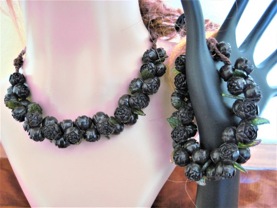 Roses Necklace/ Bracelet Set, Ebony Brown Carved … - image 10