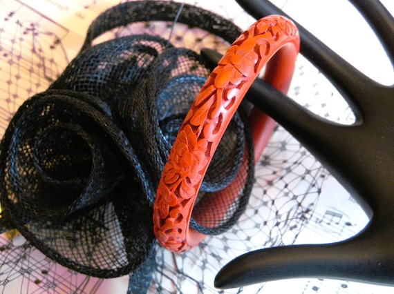 Vintage Ruby Red Carved Bangle Bracelet, Floral P… - image 1