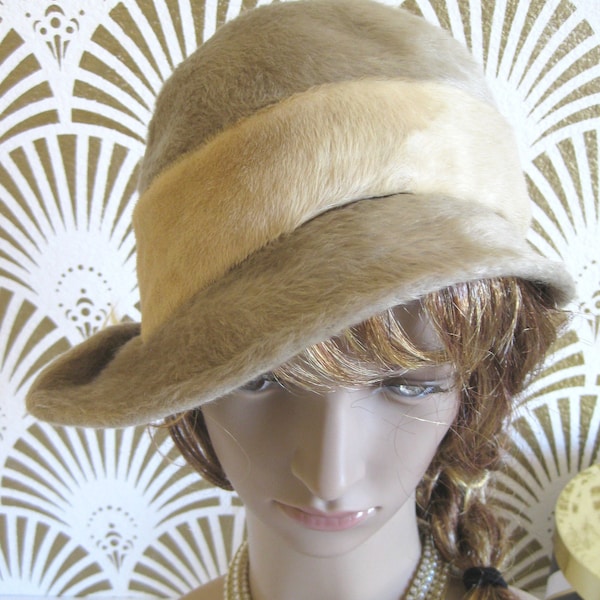 HATTIE CARNEGIE Signed, Haute Couture Designer, Faux Fur, Shades of Beige, Elegantly Styled Vintage Cloche Hat, 1940s, So Chic!